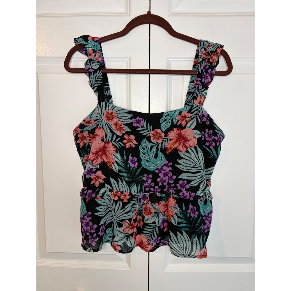 Lost + Wander Tropical Floral Crop Peplum Top Ruffle Strap Smocked Back Sz Large